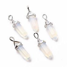 Honeyhandy Opalite Pendants, Faceted, with Platinum Tone Brass Findings, Lead free & Cadmium Free, Bullet, 27~30x9~10x7~8mm, Hole: 4x3mm