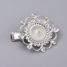 Honeyhandy Hair Accessories Iron Alligator Hair Clip Findings, with Brass Filigree Flower Cabochon Bezel Settings, Platinum, Tray: 12mm, 34.5mm, Flower: 28mm