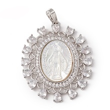 Honeyhandy Eco-Friendly Rack Plating Brass Micro Pave Cubic Zirconia Pendant, with Natural White Shell, Long-Lasting Plated, Lead Free & Cadmium Free, Oval with Virgin Mary, Real Platinum Plated, 35x29x3.5mm, Hole: 3.5x6.5mm