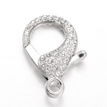 Honeyhandy Alloy Rhinestone Lobster Claw Clasps, Crystal, Platinum, 31x22x7mm, Hole: 3mm