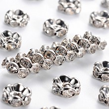 Honeyhandy Brass Rhinestone Spacer Beads, Grade A, Wavy Edge, Platinum Metal Color, Rondelle, Crystal, 8x3.8mm, Hole: 1mm