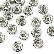 Brass Rhinestone Spacer Beads, Grade A, Straight Flange, Rondelle, Platinum, Crystal, 4x2mm, Hole: 0.8mm