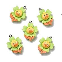 Honeyhandy Opaque Resin Pendants, with Platinum Tone Iron Loops, Flower with Duck, Green Yellow, 26x18x8.5mm, Hole: 2mm