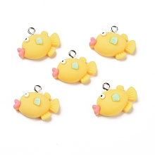 Honeyhandy Opaque Resin Pendants, with Platinum Tone Iron Loops, Fish, Yellow, 18x22x8mm, Hole: 2mm