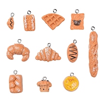 Honeyhandy Resin Pendants, Imitation Food, with Platinum Plated Iron Screw Eye Pin Peg Bails, Baguette & Cake & Waffle & Bread & Egg Tart & Toast & Triangle Bread & Breads with Chocolate & Breads with Cream, Mixed Color, 14x25x10mm, Hole: 2mm, 2pcs/style, 22pcs/box