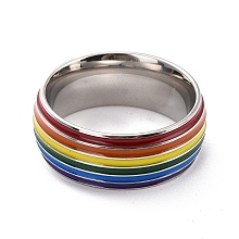 Honeyhandy Rainbow Pride Finger Ring, Stripe Grooved Flat Titanium Steel Finger Ring for Men Women, Stainless Steel Color, US Size 7(17.3mm)