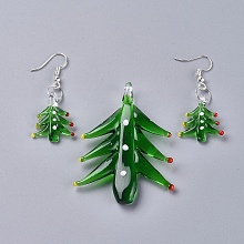 Honeyhandy Christmas Handmade Lampwork Jewelry Sets, Dangle Earrings and Pendants, with Brass Earring Hooks and Jump Rings, Christmas Tree, Green, Earring: 46mm, Pin:0.6mm, Pendant: 54~58x40~46x11.5mm, Hole: 5mm