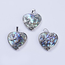 Honeyhandy Abalone Shell/Paua Shell Pendants, with Platinum Tone Brass Bail, Heart, 37x32.5x6.5mm, Hole: 5x8.5mm