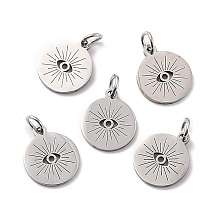 Honeyhandy 201 Stainless Steel Charms, with Jump ring, Flat Round with Evil Eye, Stainless Steel Color, 14x12x1mm, Hole: 3mm, Jump Ring: 5x1mm