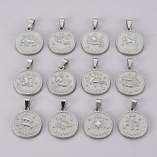 Honeyhandy 304 Stainless Steel Pendant Sets, Flat Round with Twelve Constellation/Zodiac Sign, Stainless Steel Color, 29x25x3.2mm, Hole: 9x4.5mm, 12pcs/set