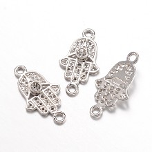 Honeyhandy Alloy Rhinestone Links connectors, Hamsa Hand/Hand of Fatima/Hand of Miriam, Platinum, 29.5x16x4mm, Hole: 2mm