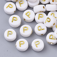 Honeyhandy Plating Acrylic Beads, Golden Metal Enlaced, Horizontal Hole, Flat Round with Alphabet, White, Letter.P, 7x3.5mm, Hole: 1.2mm, about 360pcs/50g