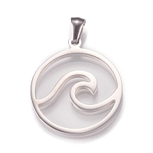 Honeyhandy 304 Stainless Steel Pendants, Laser Cut, Flat Round with Wave, Stainless Steel Color, 32x24x2mm, Hole: 7x4mm