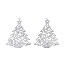 201 Stainless Steel Pendants, Etched Metal Embellishments, Christmas Tree, Stainless Steel Color, 53x39x0.3mm, Hole: 2mm