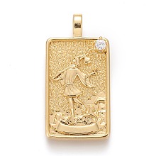 Honeyhandy Brass Micro Pave Clear Cubic Zirconia Pendants, Real 18K Gold Plated, Tarot Card Charms, The Fool, The Fool 0, 30x15x4mm, Hole: 3~4mm