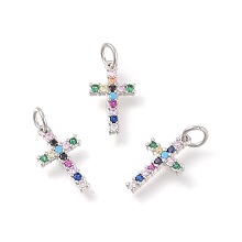 Honeyhandy Brass Micro Pave Cubic Zirconia Pendants, Cross, Colorful, Platinum, 16x9x2mm, Hole: 3mm