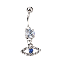 Honeyhandy Evil Eye Drop Belly Button Rings for Women, 316 Surgical Stainless Steel Rhinestone Navel Rings, Belly Piercing Jewelry, Light Sapphire, Platinum, 36mm, Bar Length: 1/2"(12mm), Bar: 12 Gauge(2mm)