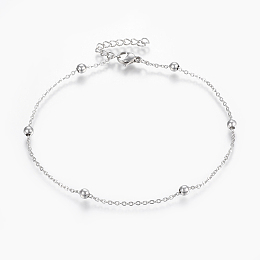 Honeyhandy Tarnish Resistant 304 Stainless Steel Anklets, with Lobster Claw Clasps, Round Beads and Cable Chains, Stainless Steel Color, 9 inch(230mm), 1.5mm