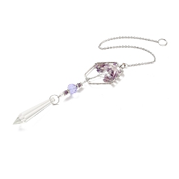 Honeyhandy Amethyst Pendant Decoration, Hanging Suncatcher, with Stainless Steel Rings and Hexagon Alloy Frame, Bullet Shape, Purple, 404x2mm, Hole: 10mm