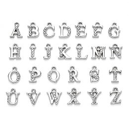 Honeyhandy Alloy Rhinestone Charms, Alphabet, Letter A~Z, Crystal, Platinum, 12.5~13.5x5.5~12x2.5mm, Hole: 1.4mm, 26pcs/set