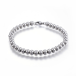 Honeyhandy 304 Stainless Steel Beaded Bracelets, with Lobster Clasp, Stainless Steel Color, 7-5/8 inch(195mm)x6mm