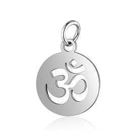 Honeyhandy Chakra Theme Stainless Steel Pendants, with Jump Ring, Flat Round with Ohm/Aum, Stainless Steel Color, 1.7x1.2cm