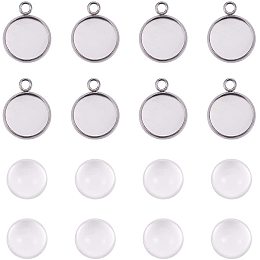 UNICRAFTALE 10 Sets Pendant Cabochon Jewelry Sets, 12mm Stainless Steel Pendant with Clear Glass Cabochon, Flat Round Pendant Setting for DIY Pendant Necklace Making, Hole 2mm