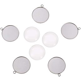 UNICRAFTALE 5 Sets 30mm Flat Round Tray Pendants Making 304 Stainless Steel Pendant Cabochon Settings and Transparent Glass Cabochon Metal DIY Pendant Findings for Women Necklaces Jewelry Making