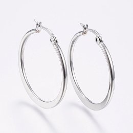 Honeyhandy 304 Stainless Steel Hoop Earrings, Hypoallergenic Earrings, Flat Ring Shape, Stainless Steel Color, 29~31x2mm, Pin: 0.7x1mm