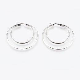 Honeyhandy 201 Stainless Steel Hoop Earrings, with 304 Stainless Steel Pin, Hypoallergenic Earrings, Double Ring, Stainless Steel Color, 12 Gauge, 54x52x2mm, Pin: 0.7x1mm