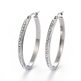 Honeyhandy 304 Stainless Steel Hoop Earrings, with Polymer Clay Rhinestone, Crystal, Stainless Steel Color, 43x30.5x3mm, Pin: 0.7x1mm