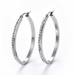 Honeyhandy 304 Stainless Steel Hoop Earrings, with Polymer Clay Rhinestone, Crystal, Stainless Steel Color, 53x39x3mm, Pin: 0.7x1mm