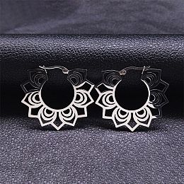 Honeyhandy Non-Tarnish 304 Stainless Steel Hollow Flower Hoop Earring, Bohemia Earrings, Stainless Steel Color, 36x40mm