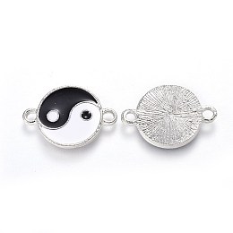 Honeyhandy Feng Shui Alloy Enamel Links connectors, Flat Round with Yin Yang, Black & White, Platinum, 26x18x2mm, Hole: 3mm