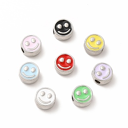 Honeyhandy Rack Plating Alloy Enamel Beads, Cadmium Free & Nickel Free & Lead Free, Flat Round with Smiling Face Pattern, Platinum, Mixed Color, 7.5x4mm, Hole: 2mm