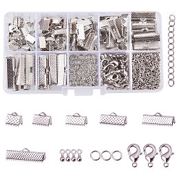 PandaHall Elite About 500 Pcs Jewelry Finding Kits with Ribbon Clamp End, Jump Ring, Lobster Claw Clasps, Extender Chain, Drop Ends for Jewelry Making Platinum