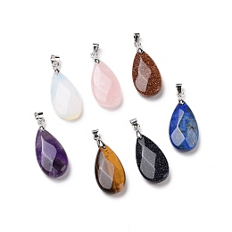 Honeyhandy Natural & Synthetic Mixed Gemstone Pendants, with Brass Platinum Tone Findings, Faceted, Teardrop Charm, 29~30.5x13x6~7mm, Hole: 4x3.5mm