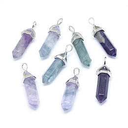 Honeyhandy Natural Fluorite Double Terminated Pointed Pendants, with Platinum Tone Alloy Findings, Bullet, 39x10x12mm, Hole: 3x5mm