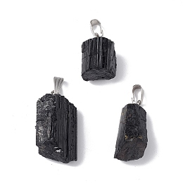 Honeyhandy Natural Black Tourmaline Pendants, Nuggets Charms with Stainless Steel Color Plated 201 Stainless Steel Snap on Bails, 13~21x11~12x9.5~12mm, Hole: 3.5x7.5mm