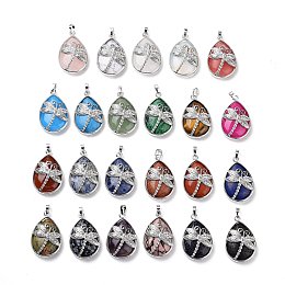 Honeyhandy Natural & Synthetic Gemstone Pendants, with Platinum Tone Brass Findings, Lead Free & Cadmium Free, Teardrop with Dragonfly Charms, Mixed Dyed and Undyed, 40~40.5x26~26.5x9~9.5mm, Hole: 5x7mm