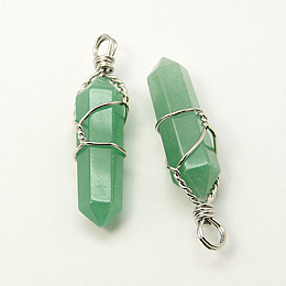 Honeyhandy Natural Green Aventurine Double Terminated Pointed Pendants, with Brass Pendant Settings, Faceted, Bullet, Platinum Metal Color, 35~45x10~13mm, Hole: 3mm