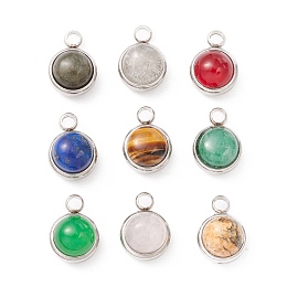 Honeyhandy Natural Mixed Stone Charms, with 304 Stainless Steel Findings, Half Round, Stainless Steel Color, 13.5x10x7.5mm, Hole: 2.5mm