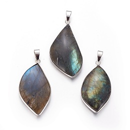 Honeyhandy Natural Labradorite Pendants, with Brass Findings, Leaf, Platinum, 41~53x22.5~24~26x8~15mm, Hole: 4.5x6.5mm