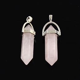 Honeyhandy Rose Quartz Stone Pendants with Alloy Findings, Platinum, 40~42x13.5x10mm, Hole: 2mm