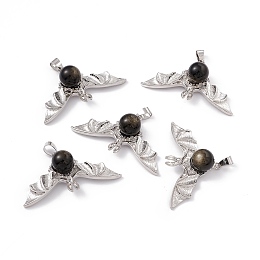 Honeyhandy Natural Golden Sheen Obsidian Pendants, Halloween Bat Charms, with Antique Silver Color Brass Findings, 26x46x11mm, Hole: 6x4mm