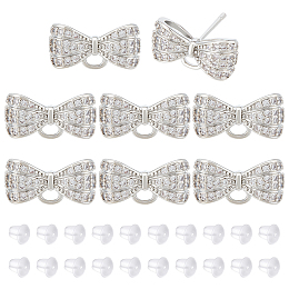 BENECREAT 4 Pairs Rack Plating Brass Micro Pave Cubic Zirconia Bowkont Earring Findings, with Loop and 30Pcs Plastic Ear Nuts, Cadmium Free & Lead Free, Long-Lasting Plated, Real Platinum Plated, 8x15x5mm, Hole: 1.7mm, Pin: 0.8mm