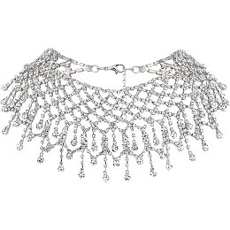 FINGERINSPIRE Rhinestones Tassel Wide Choker Platinum Full Crystal Tassel Necklaces Crystal Rhinestone Bib Necklace Luxury Fringe Necklace for Wedding Party Jewelry Accessories for Women and Girls