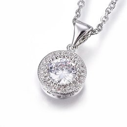 Honeyhandy 304 Stainless Steel Pendant Necklaces, with Cubic Zirconia, Clear, Flat Round, Stainless Steel Color, 17.71 inch(45cm)