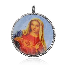 Honeyhandy Virgin Mary Pattern Flat Round Alloy Pendants, Platinum, Tomato, 35x30x2mm, Hole: 2mm