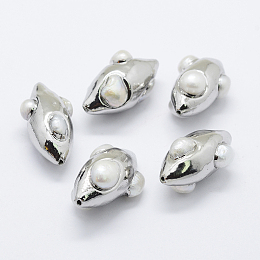 Honeyhandy Natural Cultured Freshwater Pearl Beads, Edge Platinum Plated, Olive, 32~34x16~19mm, Hole: 1mm